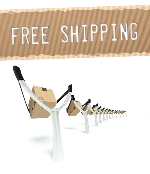 Free shipping transportation cardboard box on slingshot — Stock Photo, Image