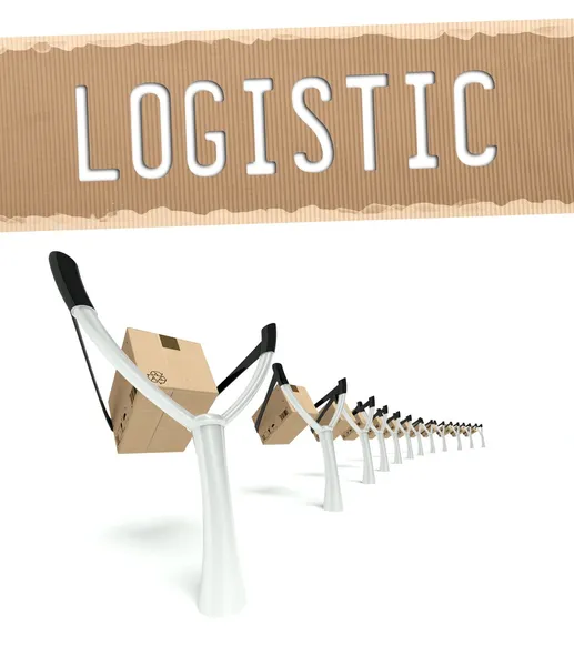 Logistic concept cardboard box on slingshot — Stock Photo, Image