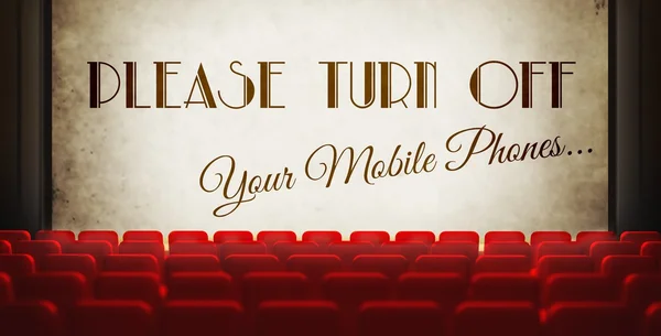 Please turn off cell phones screen in old retro cinema — Stock Photo, Image