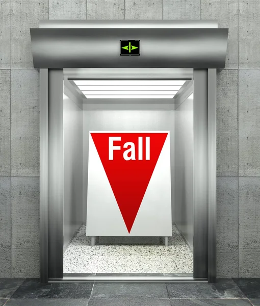 Caída de negocios. Moderno ascensor con flecha roja hacia abajo —  Fotos de Stock