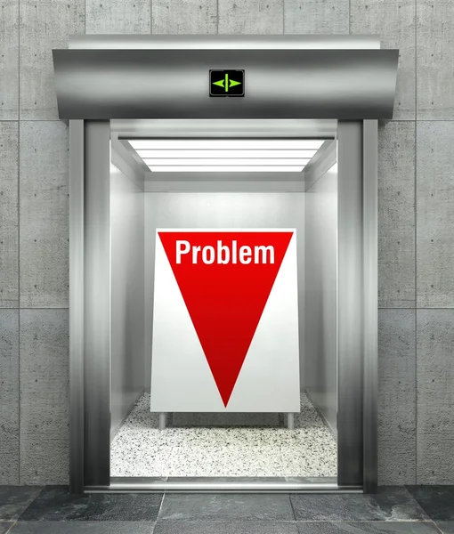 Problema de negocios. Moderno ascensor con flecha roja hacia abajo — Foto de Stock