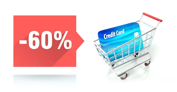 Menos 60 por ciento de venta, tarjeta de crédito y carrito de compras —  Fotos de Stock