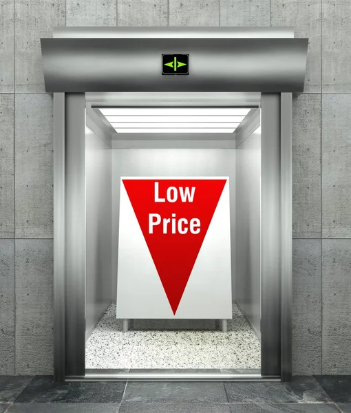 Bajo precio. Moderno ascensor con flecha roja hacia abajo —  Fotos de Stock