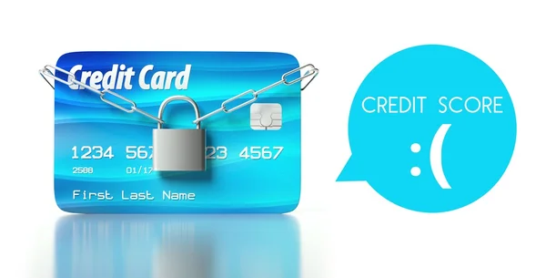 Pontuação de crédito pobre, cartão com cadeado e corrente — Fotografia de Stock
