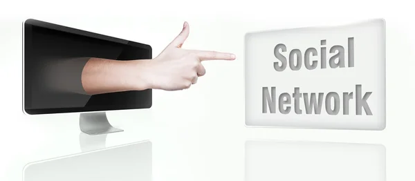 Banner di social network. Dito dallo schermo — Foto Stock