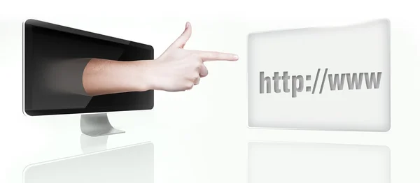 Http www. Señalando el dedo desde la pantalla — Foto de Stock