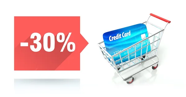 Satışı yüzde 30, kredi kartı ve alışveriş sepeti — Stok fotoğraf