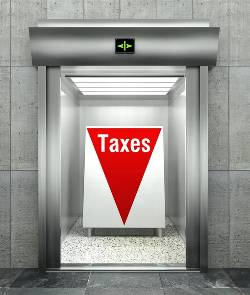 Έννοια των φόρων. σύγχρονο ανελκυστήρα με το κόκκινο βέλος προς τα κάτω — Φωτογραφία Αρχείου