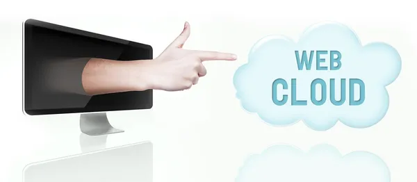 Web το cloud computing. δάχτυλο από την οθόνη — Φωτογραφία Αρχείου