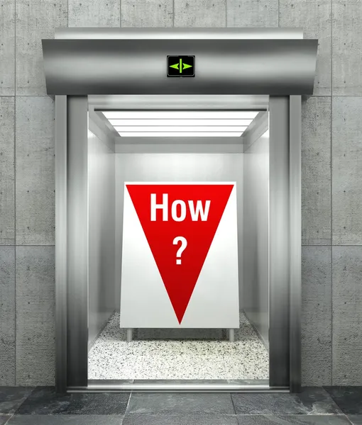 How business question. Elevator with red down arrow — Stock Photo, Image