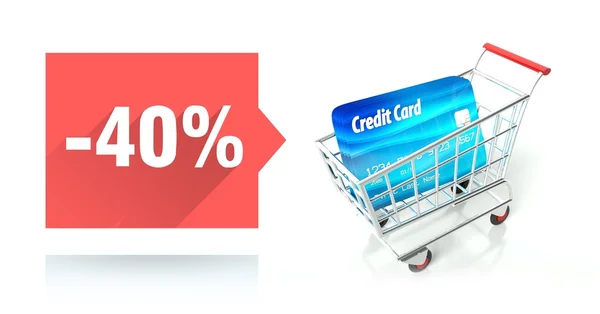 Menos 40 por ciento de venta, tarjeta de crédito y carrito de compras —  Fotos de Stock