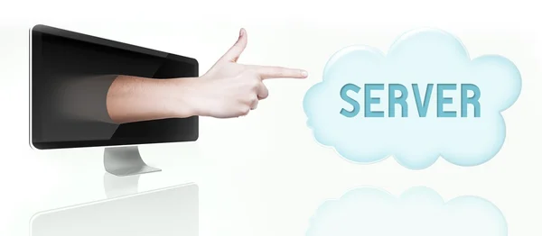 Server cloud computing. Finger from screen — Stock Photo, Image