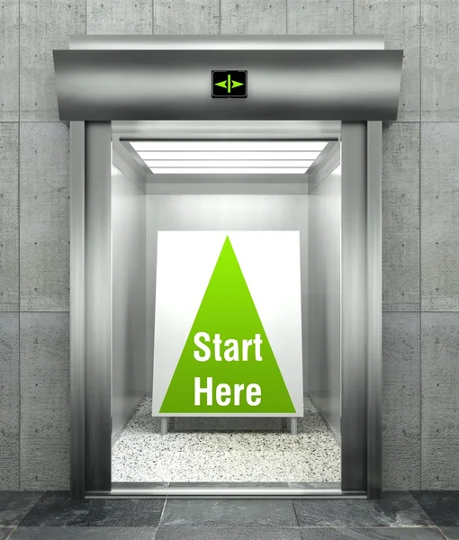 Ξεκινήσει επιχείρηση εδώ. σύγχρονο ανελκυστήρα με ανοιχτή πόρτα — Φωτογραφία Αρχείου