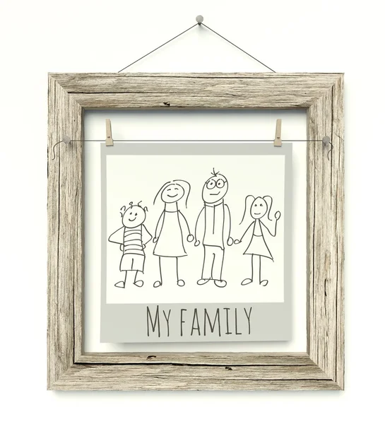 Old wooden photo frame Family Sketch — Stock Photo, Image