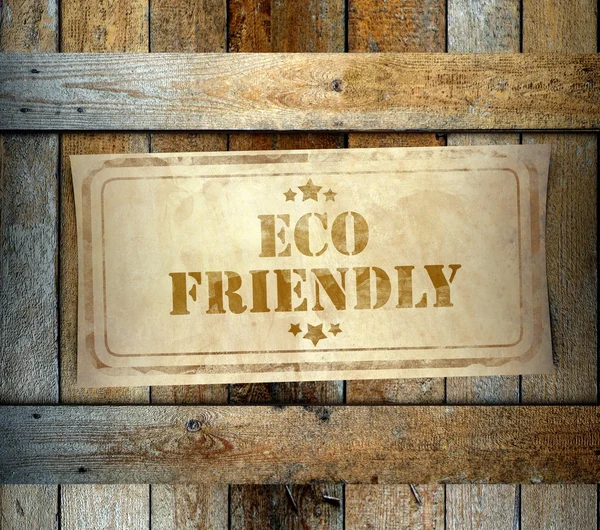 Stamp Eco friendly label old wooden box — Stock Photo, Image