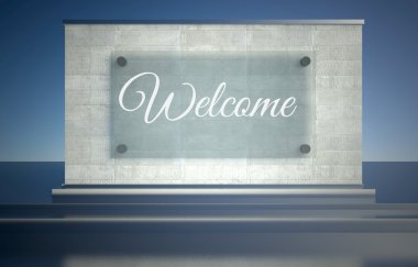 Welkom, melden op stenen sokkel