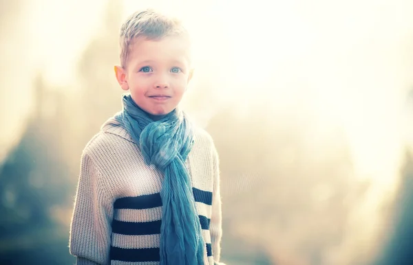 Niño retrato niño en suéter y bufanda — Foto de Stock