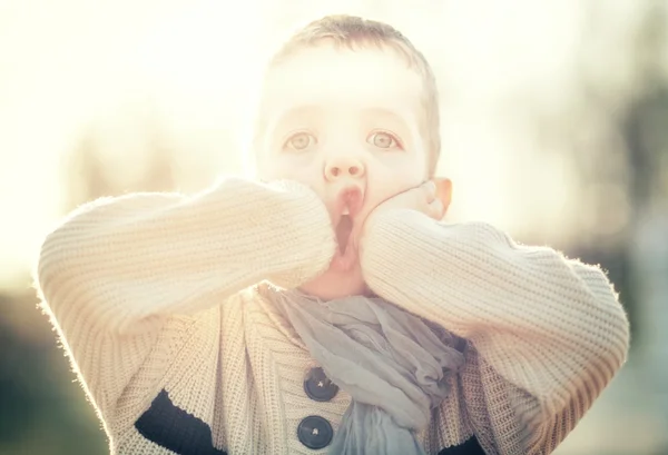 Enfant portrait petit garçon en pull et écharpe — Photo