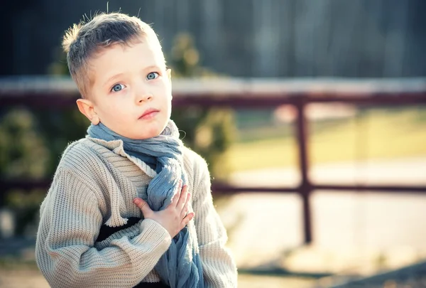 Kind portret kleine jongen in een trui en sjaal — Stockfoto