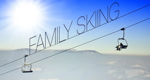 Family skiing on ski lift creative conceptual illustration — Stock Photo, Image