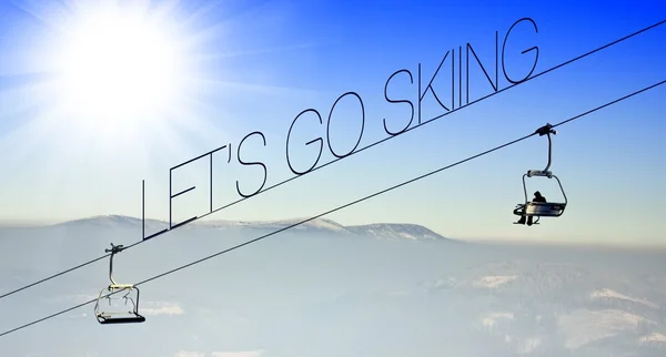 Let's go skiing on ski lift, creative illustration — Stock Photo, Image