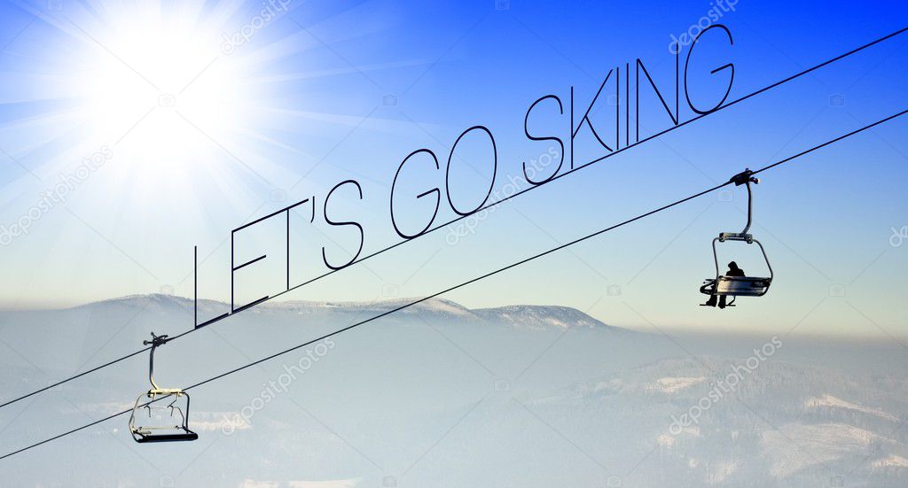 Let's go skiing on ski lift, creative illustration