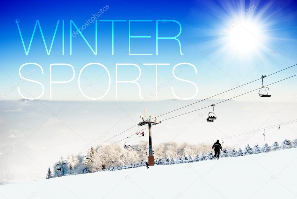 Winter sports on ski slope creative illustration