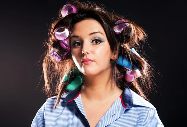 Funny woman portrait hair with curlers — Stock Photo, Image