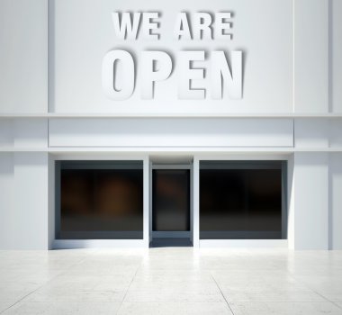Biz açıktır shopfront penceresi ön görünüm