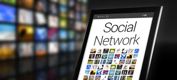 Tablet social network con molte icone — Foto Stock