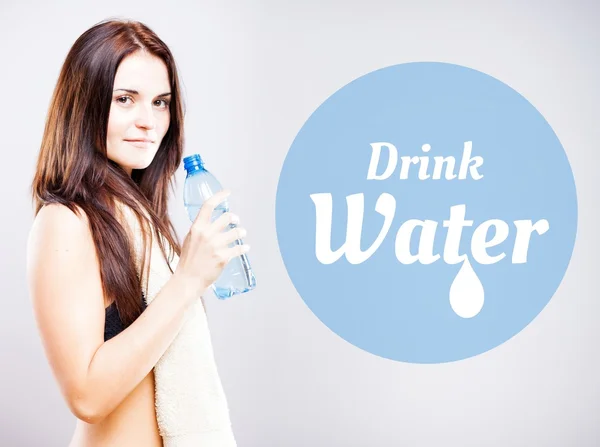 Drink water, woman with bottle and towel — Stock Photo, Image