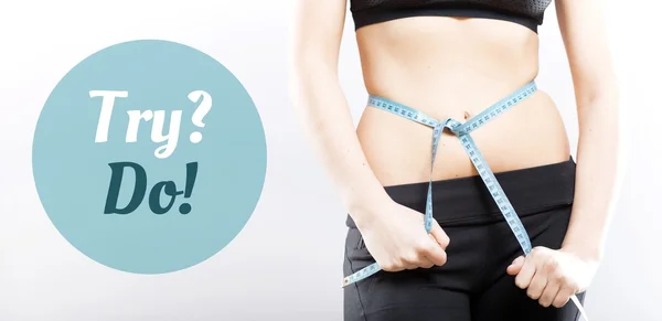 Try do slim girl measuring her waist — Stock Photo, Image