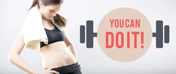 You can do it, woman looking at flat belly — Stock Photo, Image