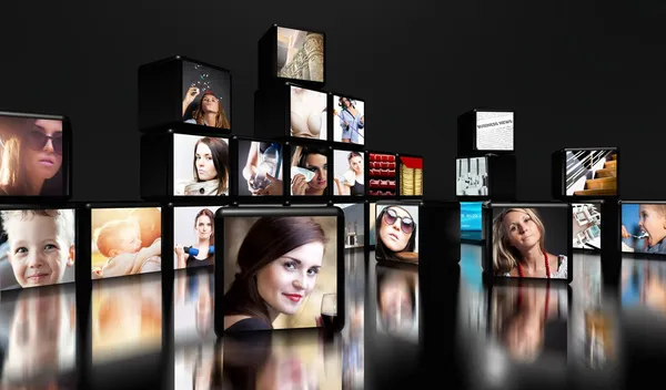 Television screens on black with copy space — Stock Photo, Image