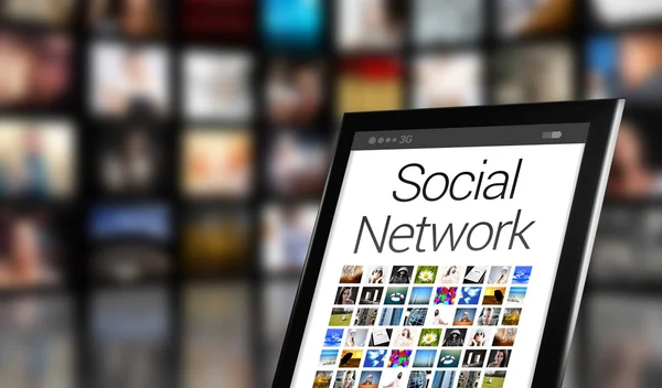 Concetto di social network, tablet con molte icone — Foto Stock