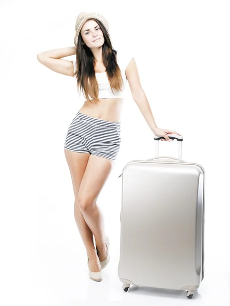 Donna turistica con valigia borsa ruota isolato — Foto Stock