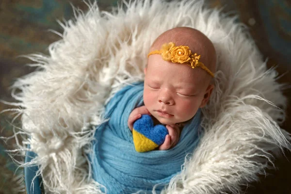 little newborn girl lying and sleeping in a basket with a toy blue-yellow heart. Ukrainian and patriotic child