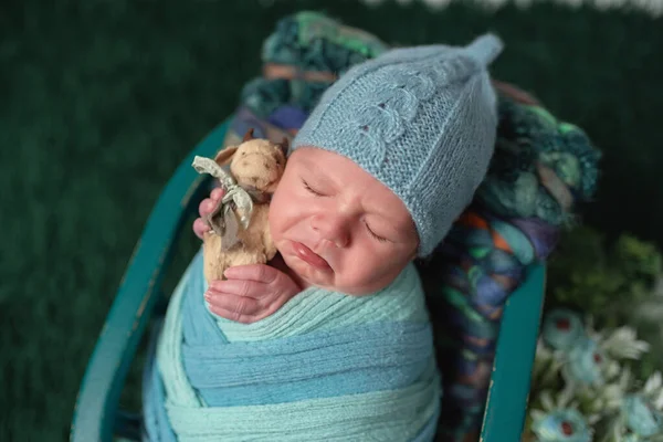 little cute newborn baby boy sleeping in a basket with grass and holding a bunny toy in his hands on a green background