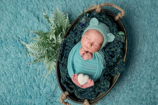 little cute boy in a teddy bear hat sleeping in a basket with a heart in his hands on a blue background