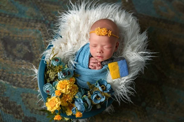 little newborn girl lies and sleeps in a basket with a toy blue and yellow flag. Ukrainian and patriotic child