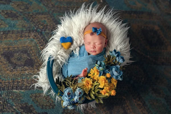 little newborn girl lying and sleeping in a basket with a toy blue-yellow heart. Ukrainian and patriotic child