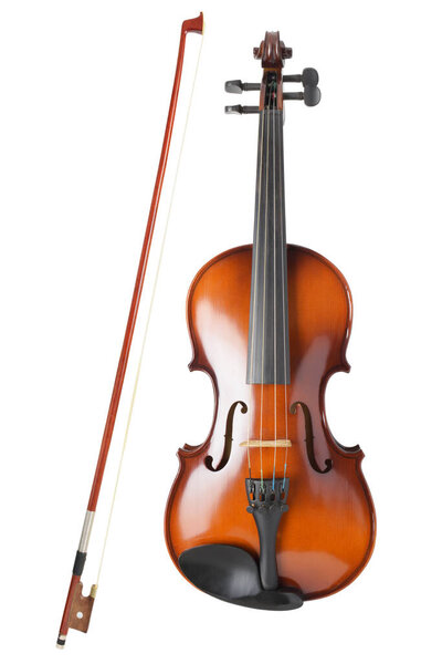Violin with bow isolated on white background.