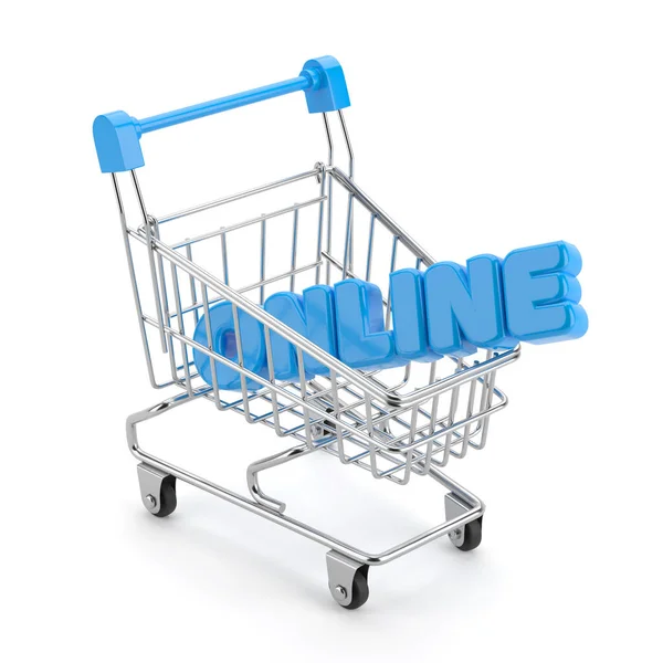 ショッピングカートとオンライン単語の白の背景に隔離された 3Dレンダリング図 — ストック写真