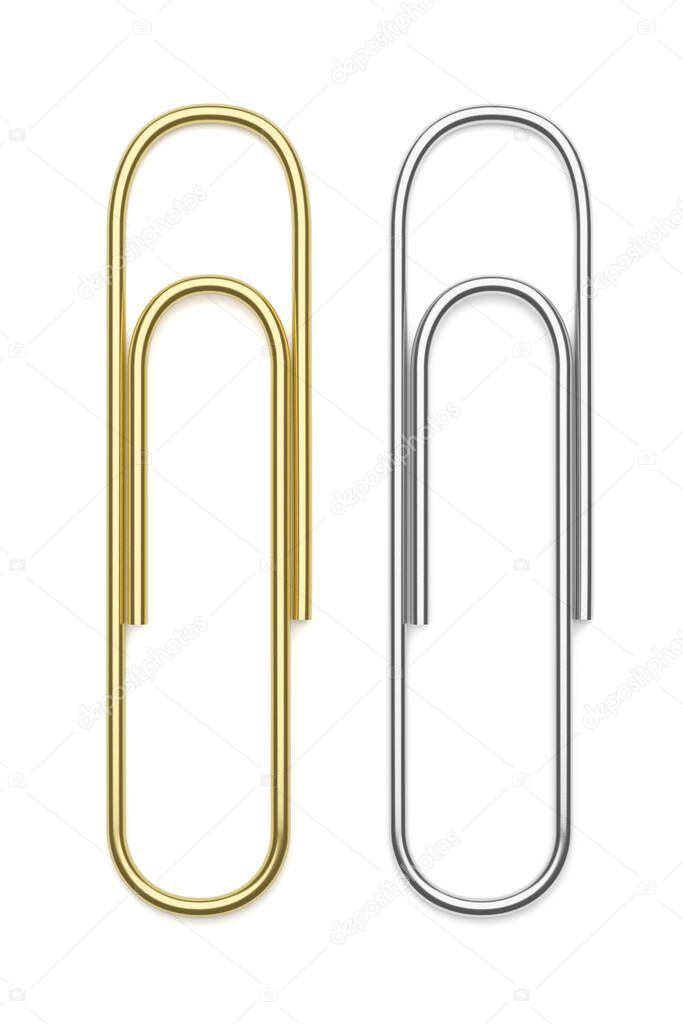 Silver and golden paper clips isolated on white background. 3D rendering illustration.