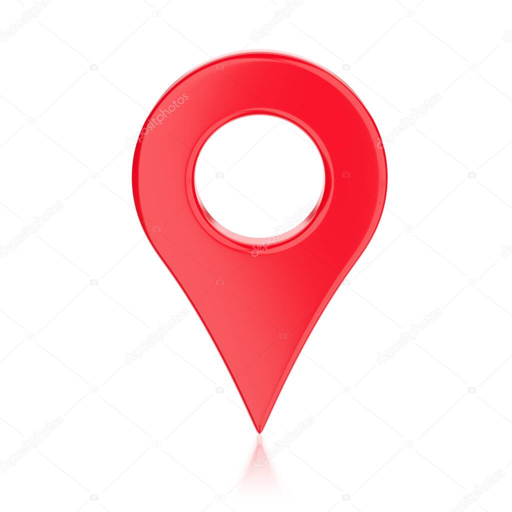 Red glossy map geo tag pin isolated on white background. 3d rendering illustration.