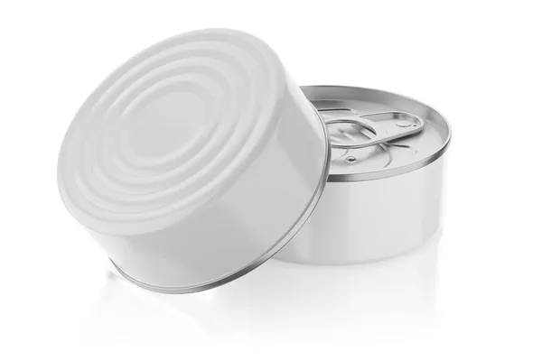 两个锡罐 产品设计模型 被白色背景隔离 3D渲染说明 — 图库照片