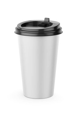 Beyaz arka planda siyah plastik kapaklı 500 ml boş tek kullanımlık kahve fincanı, üç boyutlu resimleme.