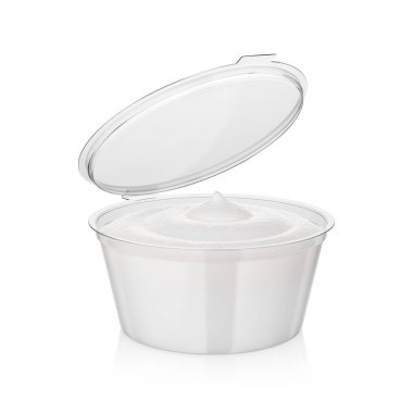 Açık kremalı sos, beyaz üzerine izole edilmiş fast food sosu kabında. 3B resimleme.