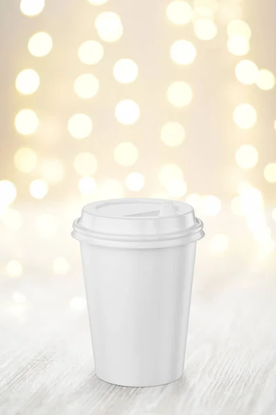 Blank White Disposable Coffee Paper Cup Plastic Lid Lights Wood — Stock Photo, Image