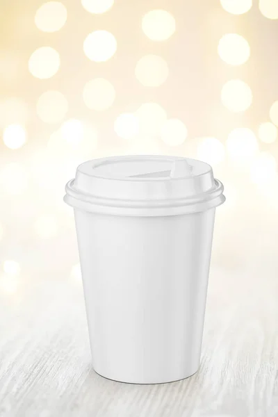 Blank White Disposable Coffee Paper Cup Plastic Lid Lights Wood — Stock Photo, Image